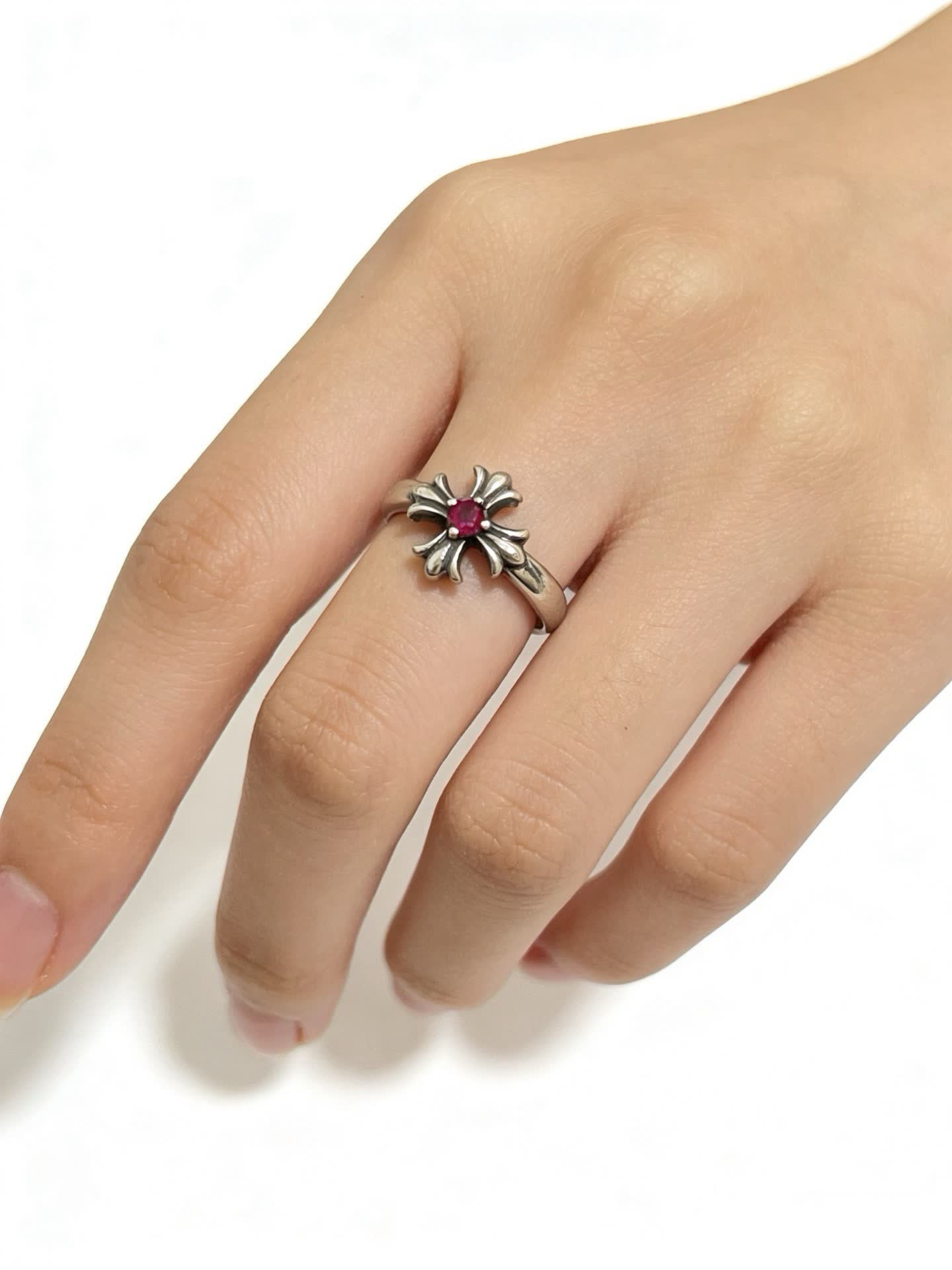 Chrome Hearts Silver Flower Ring with Red Gemstone